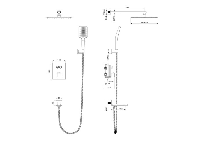 Душевая система с термостатом встраиваемая, Wonzon & Woghand, WW-88929003-MB цвет: черный