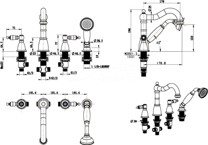Смеситель на борт ванны, бронза, Camelia Boheme 391-Camelia