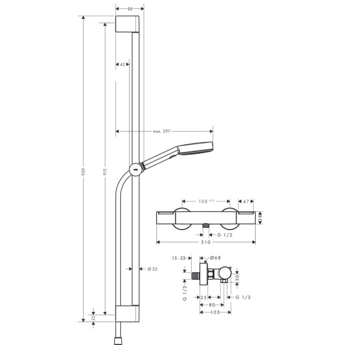Душевой набор Relaxation с термостатом Ecostat Element и душевой штангой 90см, Pulsify Select S Hansgrohe, черный арт. 24271670