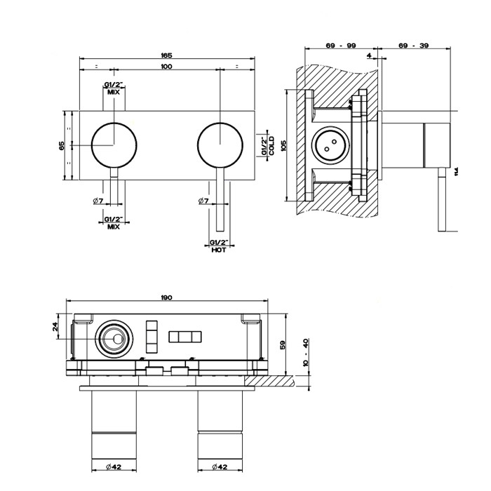 Встраиваемый однорычажный смеситель, картридж ?35 мм, на две позиции с автоматическим переключателем, Gessi Shower316, шлифованная сталь арт. 54079#239
