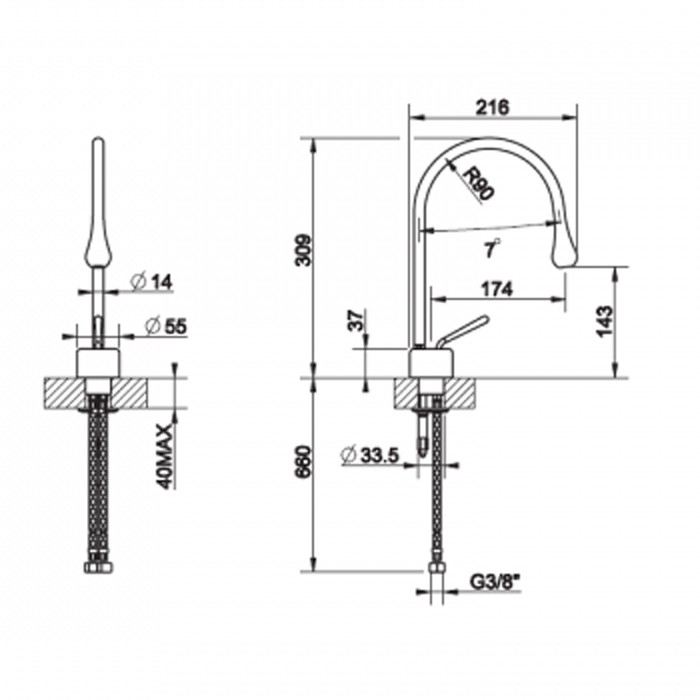 Смеситель для раковины на 1 отверстие, излив 174мм R=90, Gessi Goccia, черный арт. 33601#299
