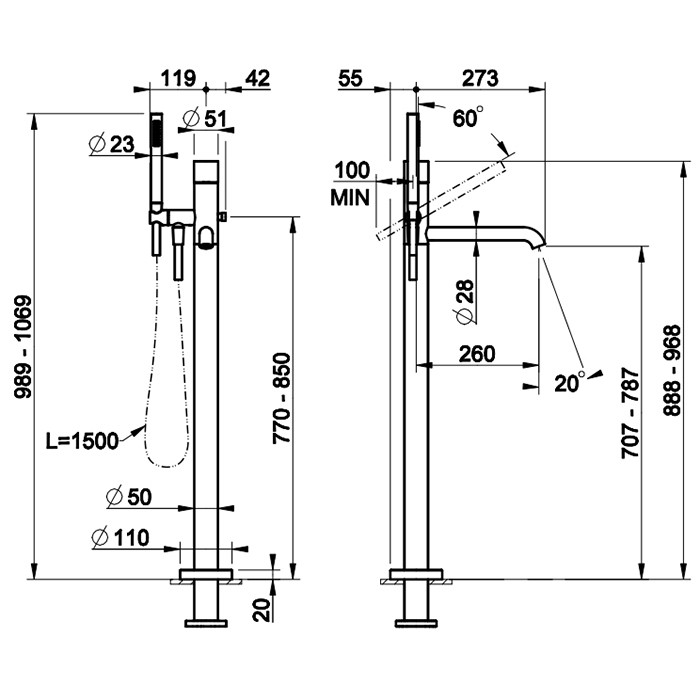 Смеситель для ванны, напольный, с ручным душем, Gessi Habito Cesello, хром арт. 70428#031