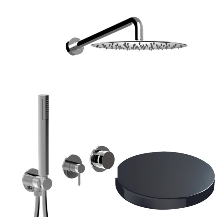 Встраиваемый душевой комплект на 2 режима, однорычажный, с поворотным переключателем, ручной душ, кронштейн, верхний душ d25 см, Giulini My ring, хром черный глянц арт. MR0086EPCRN