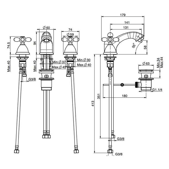Fima Carlo Frattini Смеситель для раковины, на 3 отв., с донным клапаном, Olivia, F5011OR цвет: золото