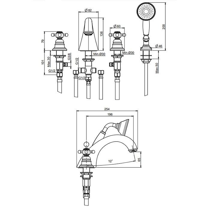 Fima Carlo Frattini Смеситель на борт ванны, на 4 отв., сручным душем, Elizabeth, F5094OR цвет: золото