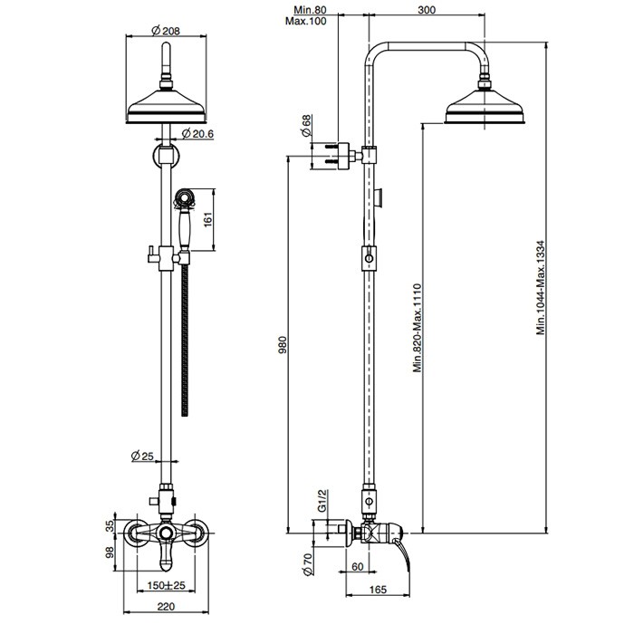 Fima Carlo Frattini Душевая стойка, верхний душ 20см., со смесителем, с ручным душем и держателем, Lamp, F3305/2OR цвет: золото