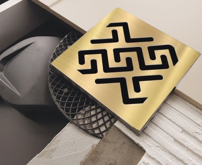 Душевой трап BERGES PLATZ Antik 150х150, золото глянец, S-сифон D50 H60, арт.092161