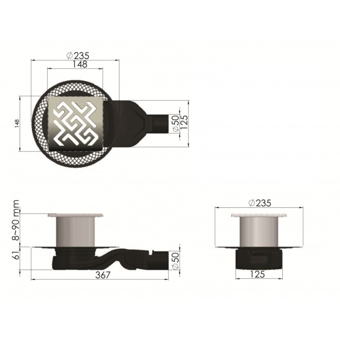 Душевой трап BERGES PLATZ Antik 150х150, золото глянец, S-сифон D50 H60, арт.092161