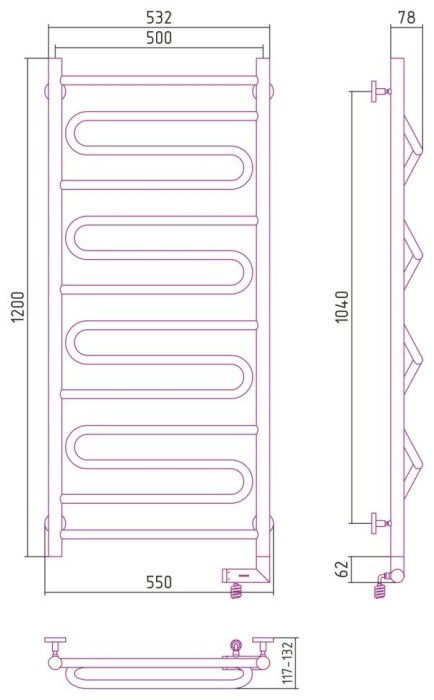 Сунержа Электрический полотенцесушитель 1000x300, Элегия 2.0, 00-5219-1250 цвет: без покрытия