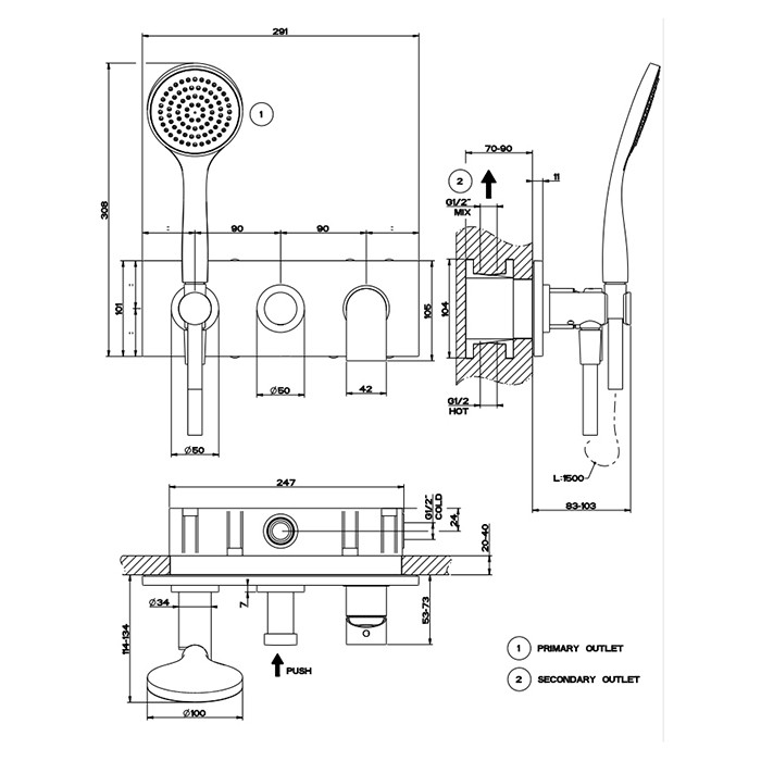 Смеситель для душа, встраиваемый, на 2 позиции с переключателем, с подводом воды и держателем лейки, душевой лейкой и шлангом, Gessi Emporio Via manzoni, хром арт. 44900#031