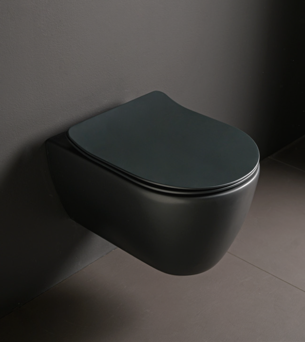 Унитаз подвесной, безободковый, цвет черный матовый с антибактериальным и грязеотталкивающим покрытием BIOKER, Scarabeo GLAM - 5201/TW 49 BK