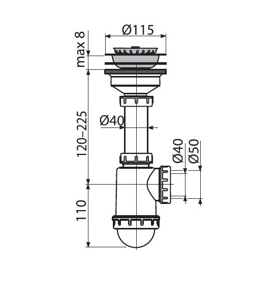 Cифон для мойки Alcadrain c нержавеющей peшeткой 70 мм арт. A441-DN50/40