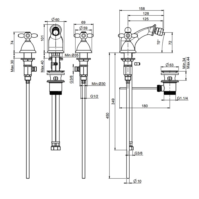 Fima Carlo Frattini Cмеситель для биде, на 3 отв., с донным клапаном, Olivia, F5012OR цвет: золото