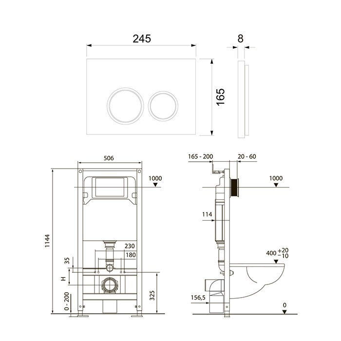 Комплект 4 в 1 застенный модуль, панель смыва с круглыми кнопками, белый глянцевый, spring TECE арт. K955103