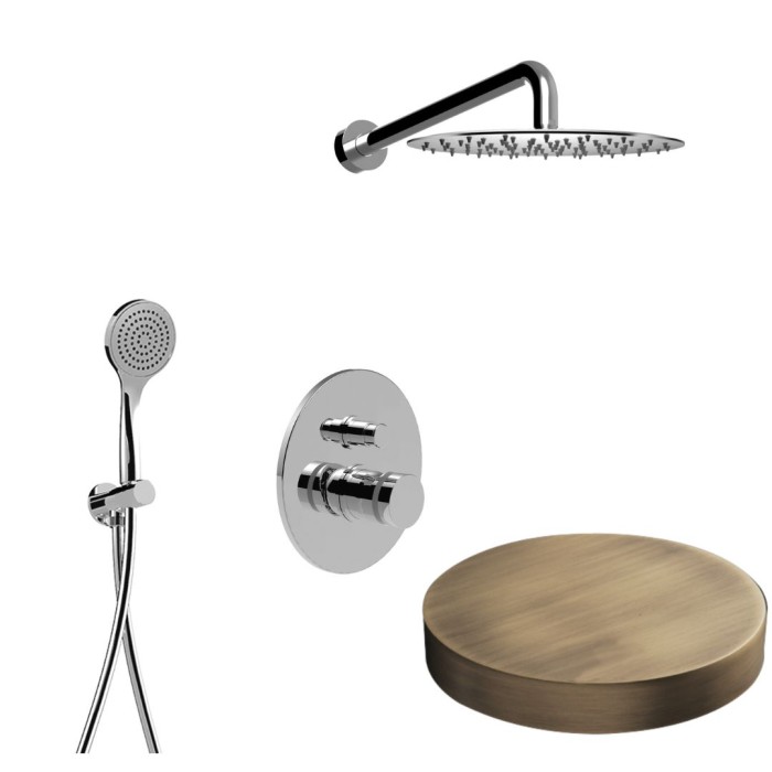 Встраиваемый комплект для душа со смесителем на 2 режима, дивертер-кнопка, ручной душ, кронтштейн, верхний душ d25, Giulini My ring, бронза матовая арт. MR0079EPBROP