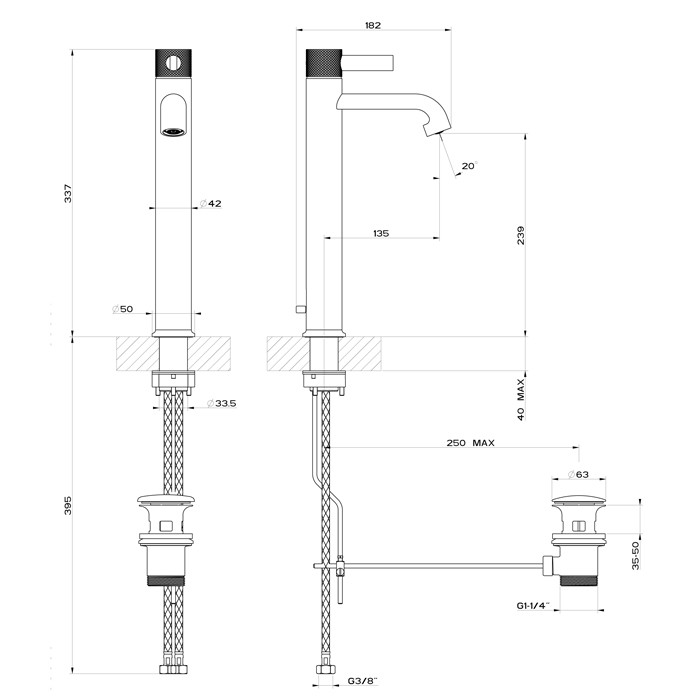 Смеситель для раковины на 1 отверстие, высокий h=337мм, с донным клапаном, Gessi Inciso, finox арт. 58003#149