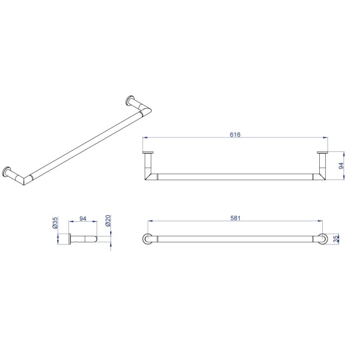 Полотенцедержатель трубчатый одинарный 60 см, хром, Azario Forny - AZ-88301