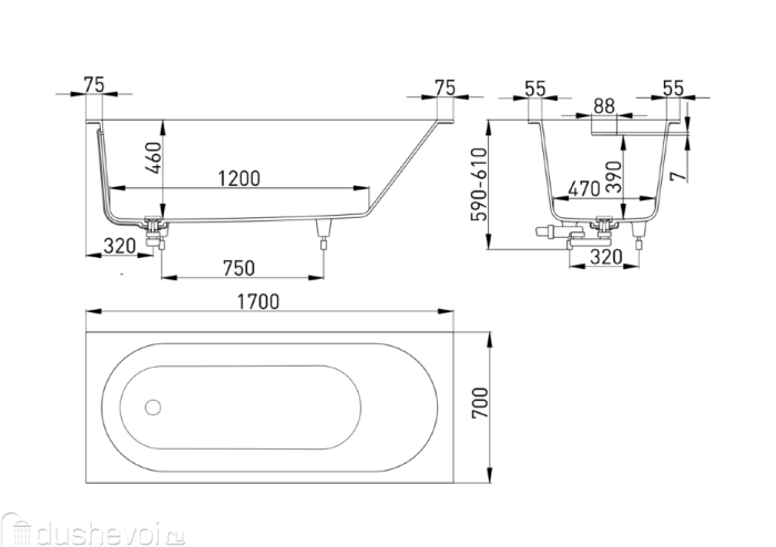 Ванна встраиваемая 170x70, глянцевая, Salini ORNELLA KIT арт. 102413G