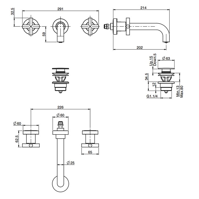 Fima Carlo Frattini Смеситель для раковины, встраиваемый, на 3 отв., излив 20см., внешняя часть, с донным клапаном, Maxima, F5321L/5CR цвет: хром