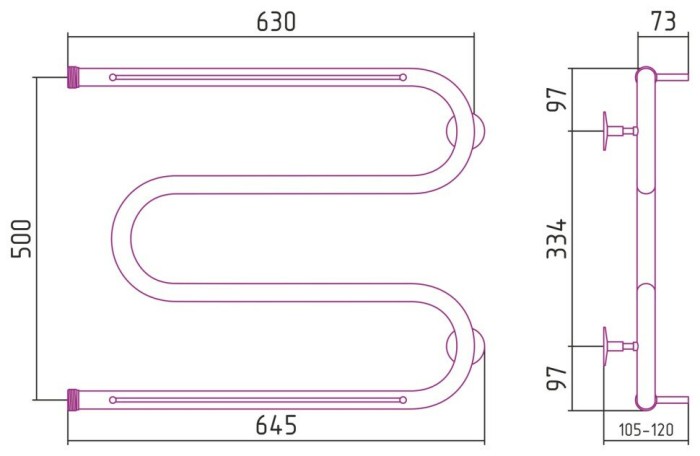 Стилье Водяной полотенцесушитель 500x650, М-образный, 00014-5065 цвет: без покрытия