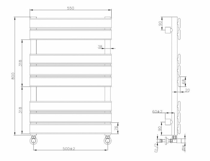 Полотенцесушитель водяной форма прямоугольная 50x80см, золото, Venturo Boheme 720-G
