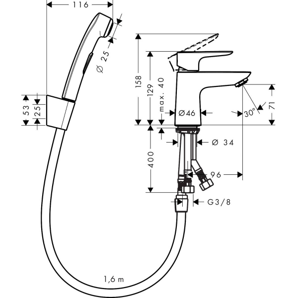 Смеситель для раковины со сливным гарнитуром и гигиеническим душем, Hansgrohe Talis E, хром арт. 71729000