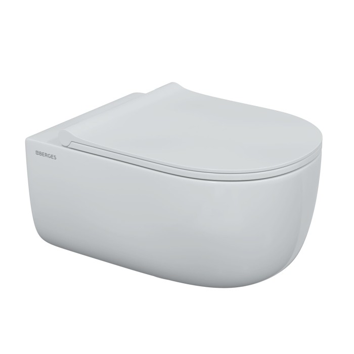 Комплект инсталляции -  кнопка белая, унитаз EGO XL Rimless, сидение дюропласт микролифт, быстросъём, Berges ATOM Line арт. 043358