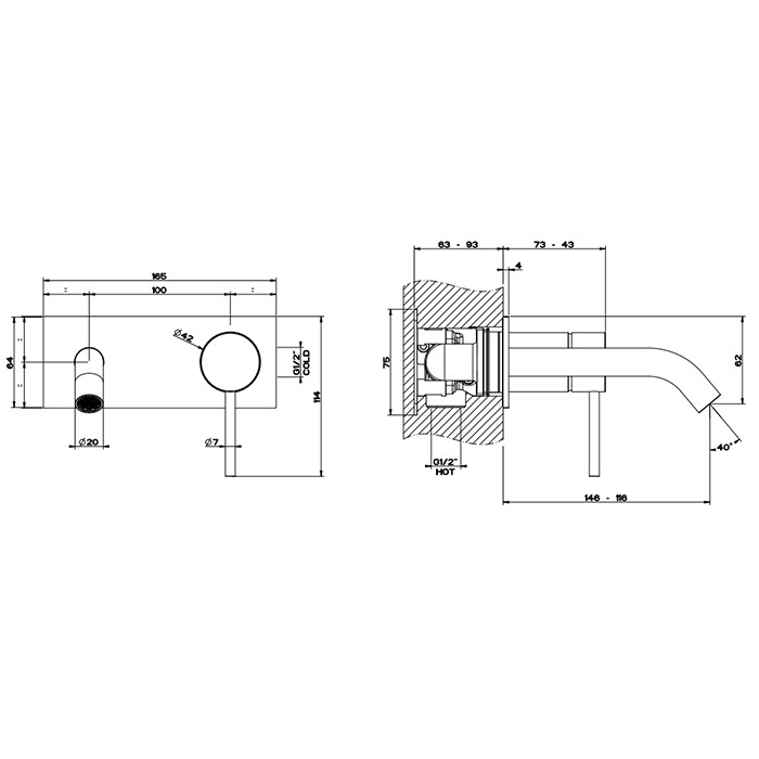 Встраиваемый смеситель с изливом 147мм, Gessi 316, brushed black metal pvd арт. 54088#707