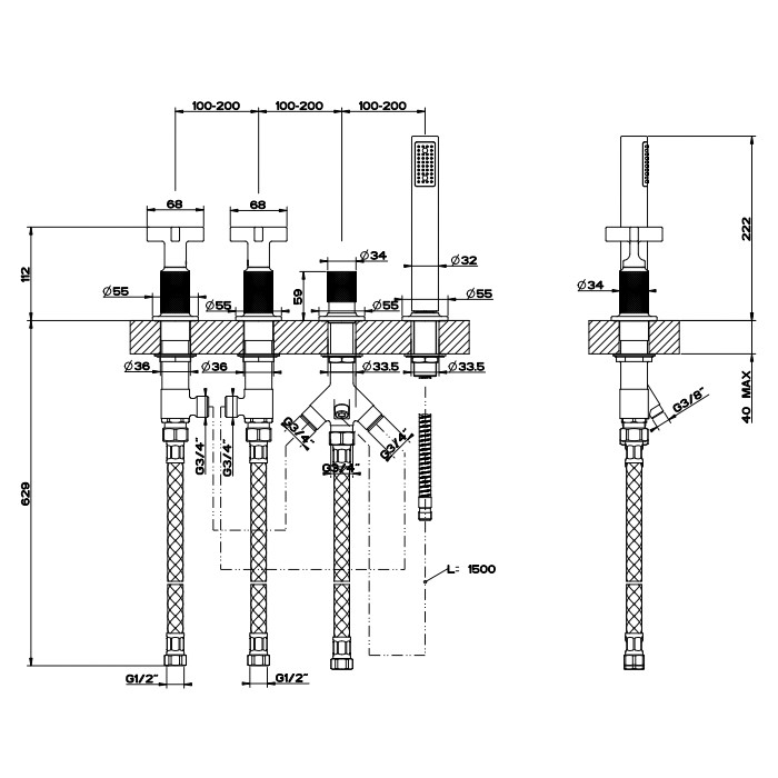 Смеситель для ванны, на 4 отв., с переключатель потоков, шланг 150см, и ручным душем, Gessi Inciso, золото арт. 58143#246