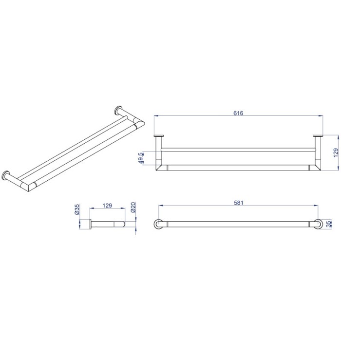Полотенцедержатель трубчатый двойной 60 см, хром, Azario Forny - AZ-88302