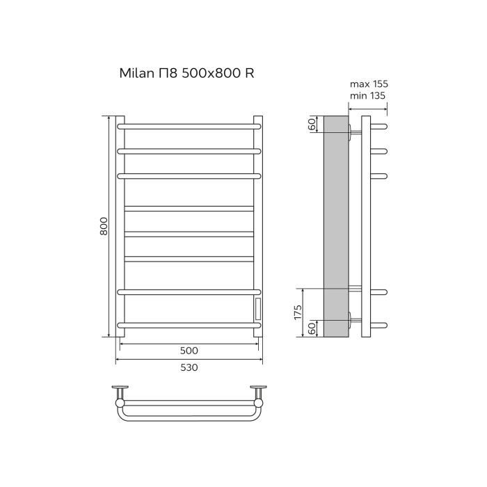 Полотенцесушитель электрический 500/800 8 секций, диммер справа, черный, Milan Azario - AZ90858B