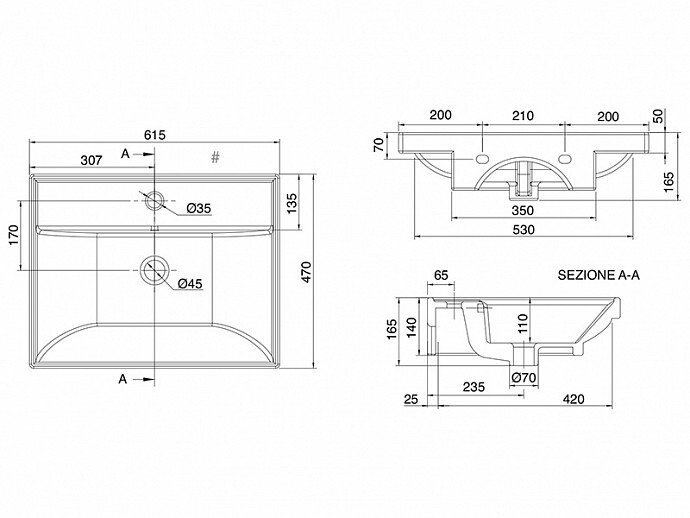 Раковина подвесная или встраиваемая сверху с переливом с одним отверстием, цвет белый, Scarabeo Ml - 3004