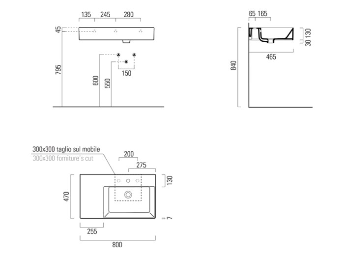 Подвесная раковина 80х47х13 см, санфаянс, Kube-x GSI арт. 9457111