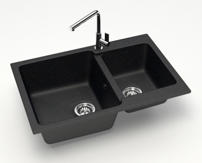 Кухонная мойка Grand 765х500х190 двойная, искусственный мрамор, черная, Azario Grand - CS00079903