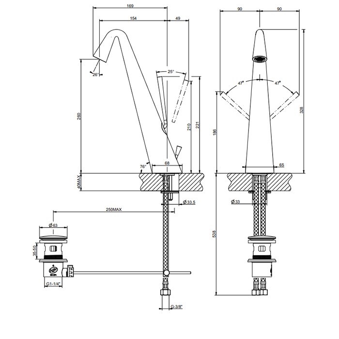 Смеситель для раковины высокий с донным клапаном на 1 1/4”, соединительные шланги на 3/8, Gessi Cono, finox арт. 45004#149