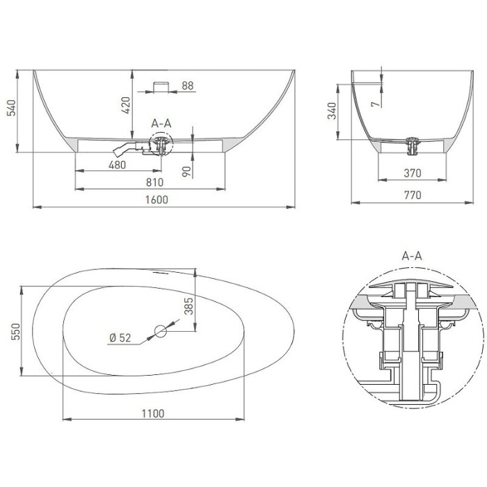 Ванна отдельностоящая 160x77, матовая, Salini PAOLA IN арт. 101611SM