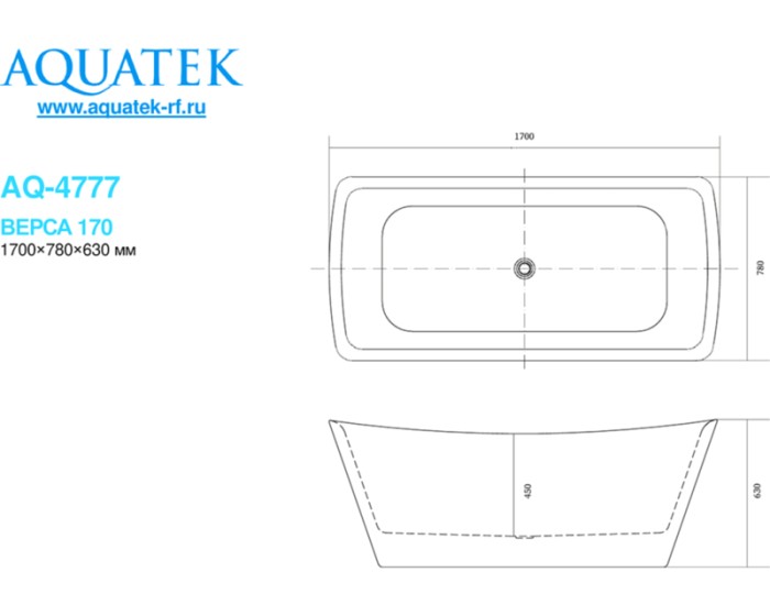 Ванна акриловая 170x78, отдельностоящая, Aquatek Верса арт. AQ-4777