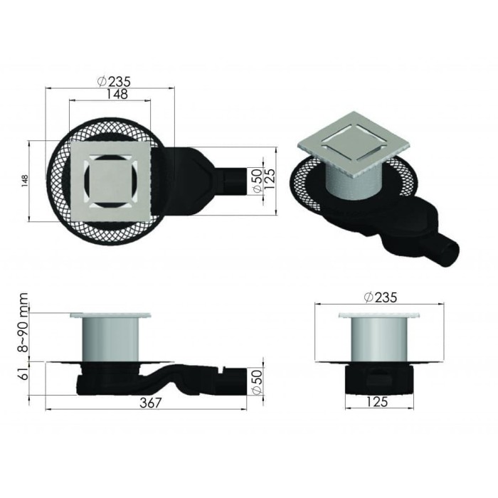 Душевой трап BERGES PLATZ Norma 150х150, хром глянец, S-сифон D50 H60, арт.091159