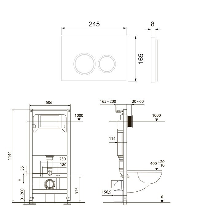 Комплект 4 в 1 застенный модуль, панель смыва с прямоугольными кнопками, белый глянцевый, spring TECE арт. K955203