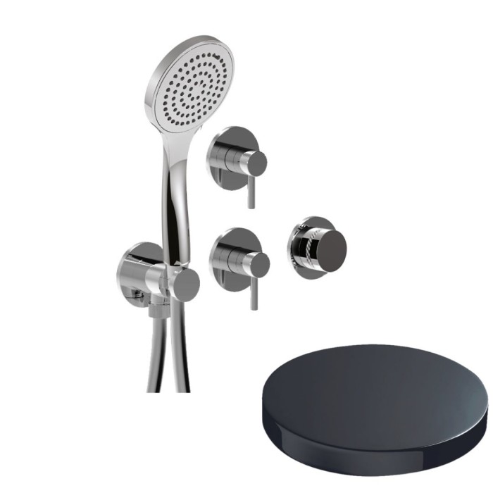 Внешняя часть встраиваемого смесителя для душа на 4 режима, однорычажный, поворотный переключатель, ручной душ + 3 доп. вывода воды, Giulini My ring deluxe, хром черный глянц арт. MRX5304DLEPCRN