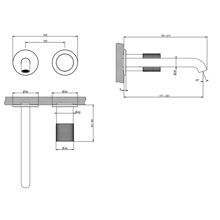 Смеситель для раковины, настенный, Gessi Habito Cesello, black metal pvd арт. 70488#706