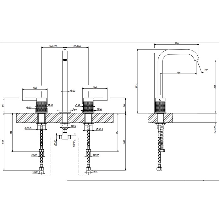 Смеситель для раковины на 3 отверстия, без донного клапана, излив 156мм, h=269мм, Gessi 316, brushed black metal pvd арт. 54411#707
