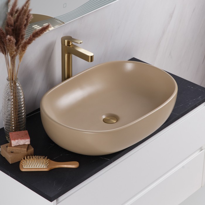 Раковина накладная керамическая 600x420x140, овальная, BelBagno, матовый бежевый арт. BB1084-H316