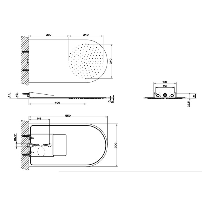 Верхний душ 30х55cм., настенный, Gessi Tremillimetri, black metal brushed pvd арт. 33071#707