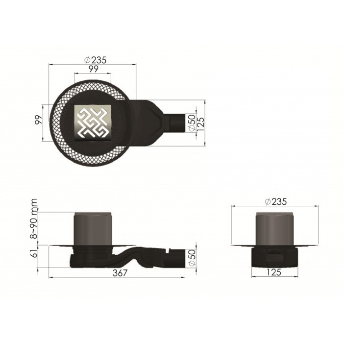 Душевой трап BERGES PLATZ Antik 100х100, хром глянец, S-сифон D50 H60, арт.091160