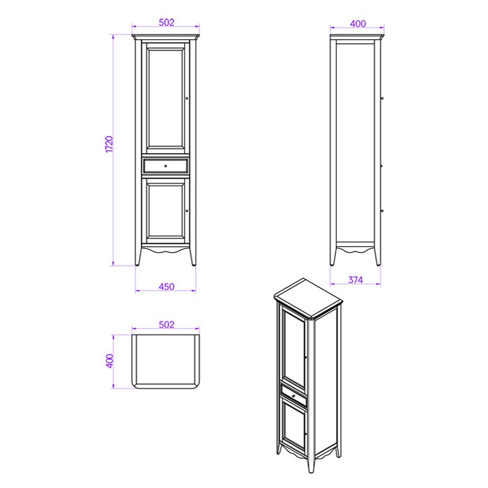 Колонна 50.2/45х40/37.4хh172см, напольная, 1выдв.Ящик, 2 распашные дверки, доводчики blum (петли справа-dx), Veronica tortora, Tiffany World - VER3050D-T