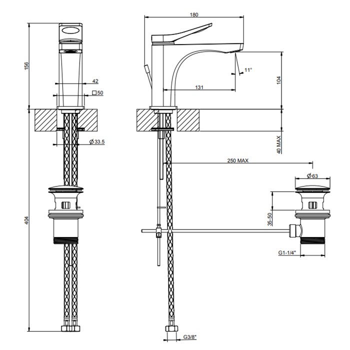 Смеситель для раковины на 1 отв. с донным клапаном h=156мм, излив 131мм, Gessi Rilievo, хром арт. 59005#031