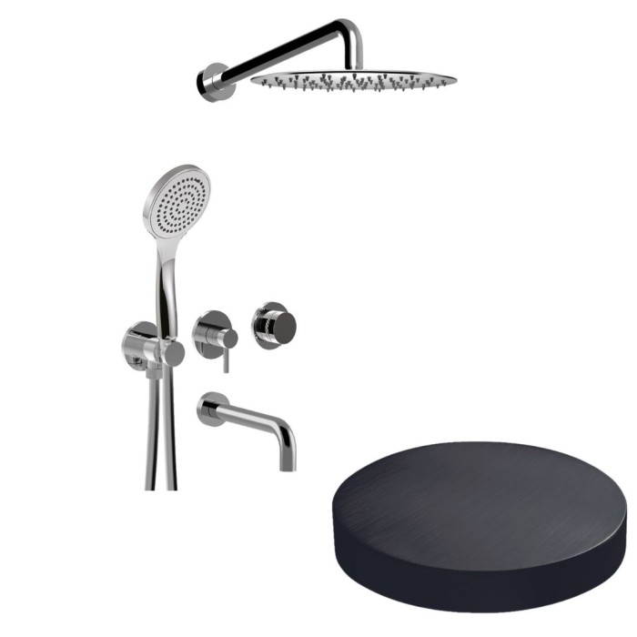 Bстраиваемый душевой комплект на 3 режима, однорычажный, с поворотным переключателем, ручной душ, излив, кронштейн, верхний душ d25 см, Giulini My ring deluxe, ганметал арт. MR0093DLEPCRNS