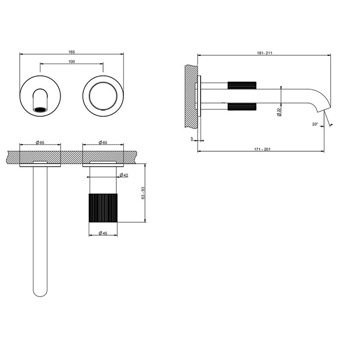Смеситель для раковины, настенный, Gessi Habito Rigato, black metal pvd арт. 70588#706