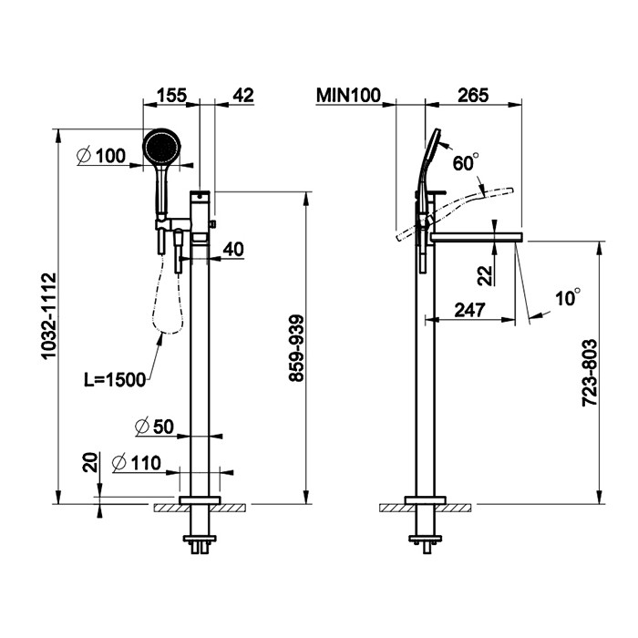 Смесителя для ванны, напольный, с душевой лейкой, Gessi Emporio Via manzoni, finox brushed nickel арт. 24982#149